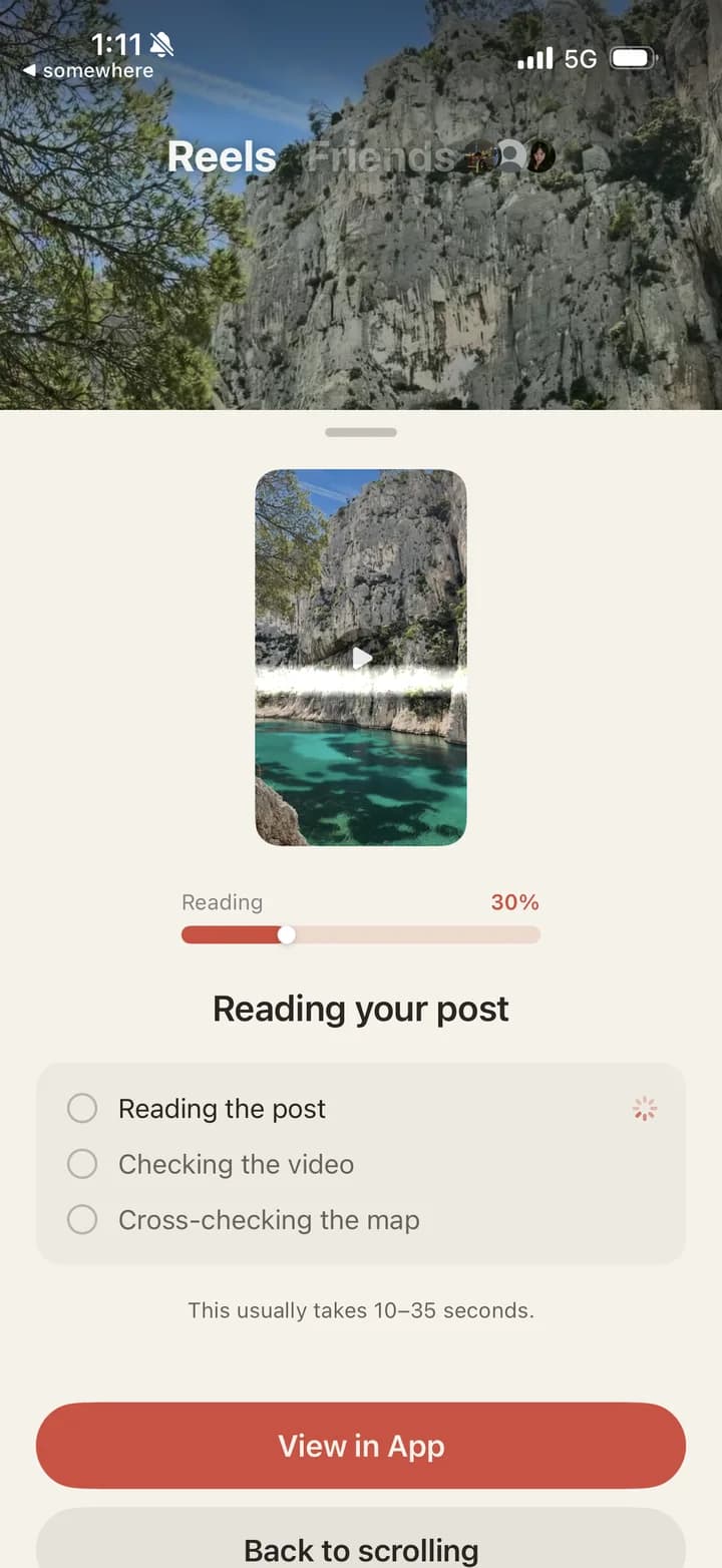 somewhere reading a saved reel: reading the post, checking the video, cross-checking the map