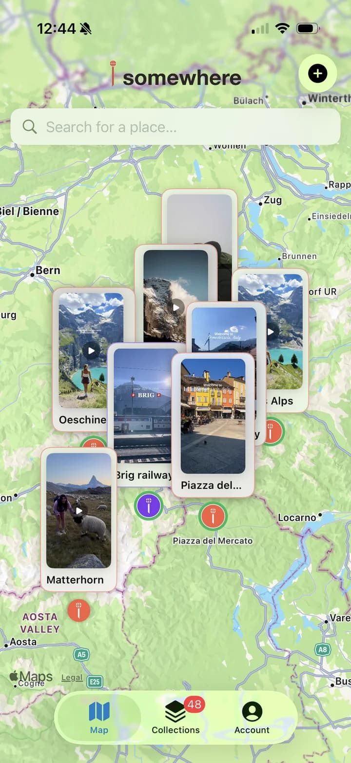 The somewhere map with saved posts pinned across Switzerland